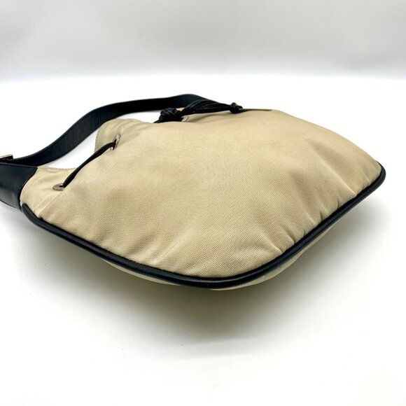 Gucci Beige Nylon and Black Leather Trim Drawstring Shoulder Bag - Picture 7 of 12